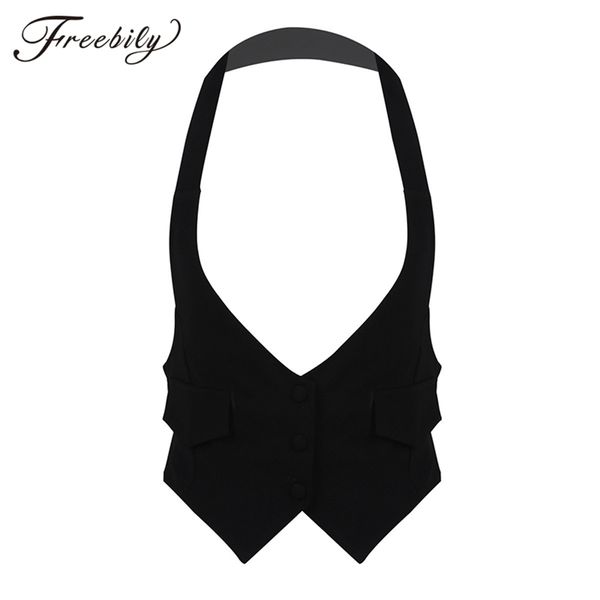 Coletes femininos femininos femininos de traje curto de halter halter casual sem traseiro com belicha automática no botão traseiro para baixo para baixo