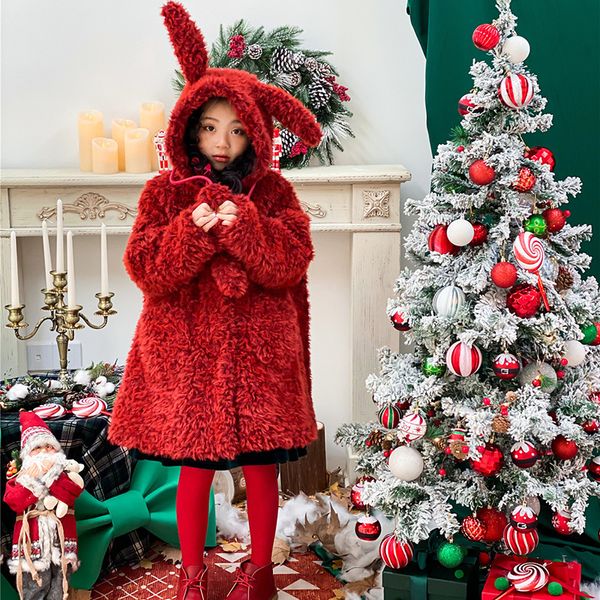 Cappotto 1 Ragazza di 13 anni Abbigliamento invernale da neve per bambini Pelliccia con cappuccio spessa rossa Natale Ragazze con cappello in movimento orecchio 220927