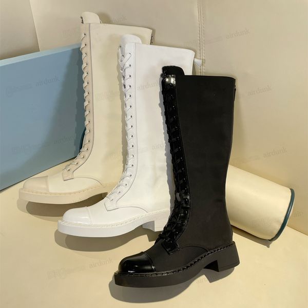 Praddas pada prax prd long boots колена женщина сексуальная дизайнерская модная матовая кожа и re нейлоновый ботинок черный белый боевой резиновый резиновый ботинок