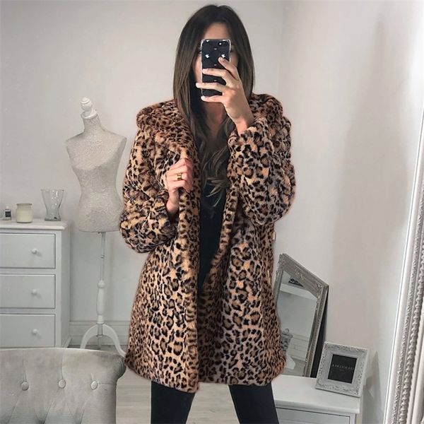 Frauen Pelz Faux Leopard Elegante Mantel Frauen Frühling Herbst Warme Weiche Jacke Weibliche Gedruckt Mantel Lässig Mit Kapuze Dame Oberbekleidung 5XL 220927