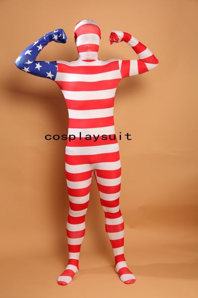 Cadılar Bayramı Cosplay ABD Amerikan Bayrağı Komik Catsuit kostümü lycar spandeks gövde zentai takım sahne kostümleri kulüp parti tulum