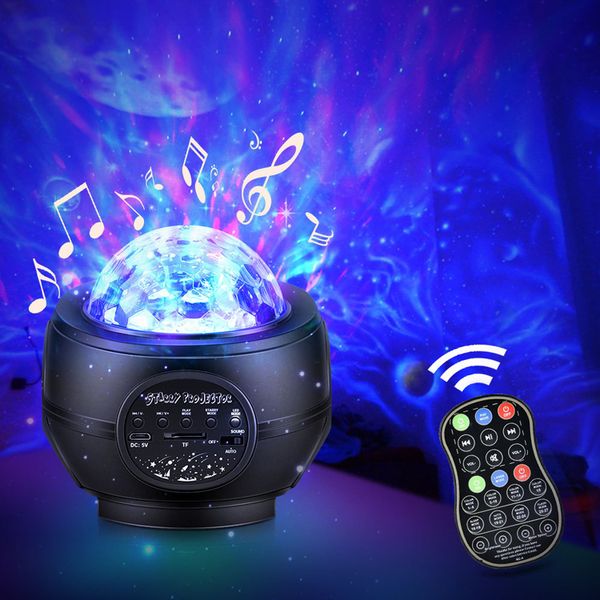 Lampada di proiezione con motivo ad acqua con fiamma stellata Lampada laser romantica per musica USB Altoparlante wireless con telecomando per regalo per bambini