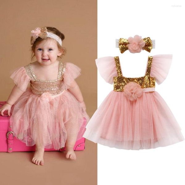 Abiti da ragazza 2022 Marca Toddler Infant Born Baby Princess Wedding Flower Tutu Tulle Paillettes Dress Fascia 2 pezzi Chiffon