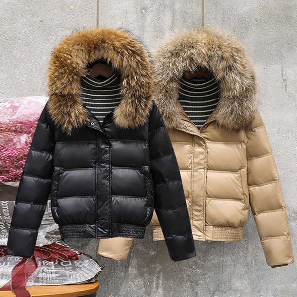 Frauen Daunenparkas FMFSSOM Winter Echte Waschbärpelz Federjacke Frauen Mit Kapuze Schlanke Weiße Ente Daunen Kurzmantel Schwarz Khaki Warme Schnee Outwear T220928