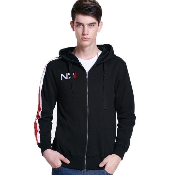 Moletons masculinos moletons moletons cosplay n7 Mass Effect zip up moletom de capuz preto com capuz de moletom feminino embrodery lã grossa quente sweetshirt streetwear 220929