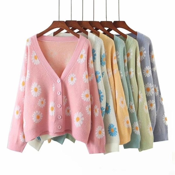 Malhas femininas tees kpytomoa femme impressão de moda suéter macio senhoras de manga cheia de luva floral pequena margarida vil pule-lize de grande tamanho cardigan streetwear 220929