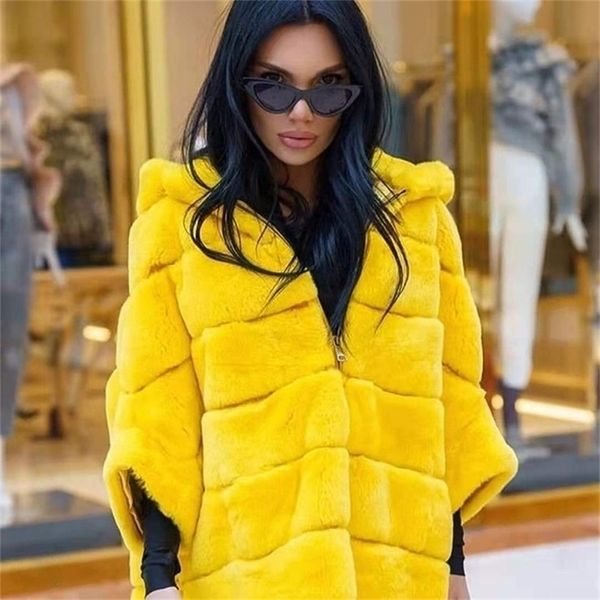 FUEX feminino Faux Real Rex Rabbit Casaco Natural Capuzes fêmeas Zipper Poncho Jackets Roupos de inverno Mulher fofinha moda quente Big Size 220928