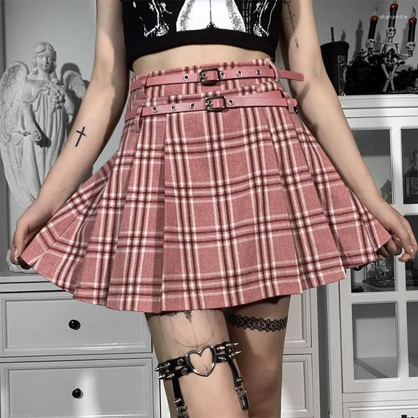 Röcke Preppy Style Rosa Plaid Faltenrock mit Schärpen E-Girl Punk Lolita JK Hohe Taille Mini Frauen Mall Goth Streetwear