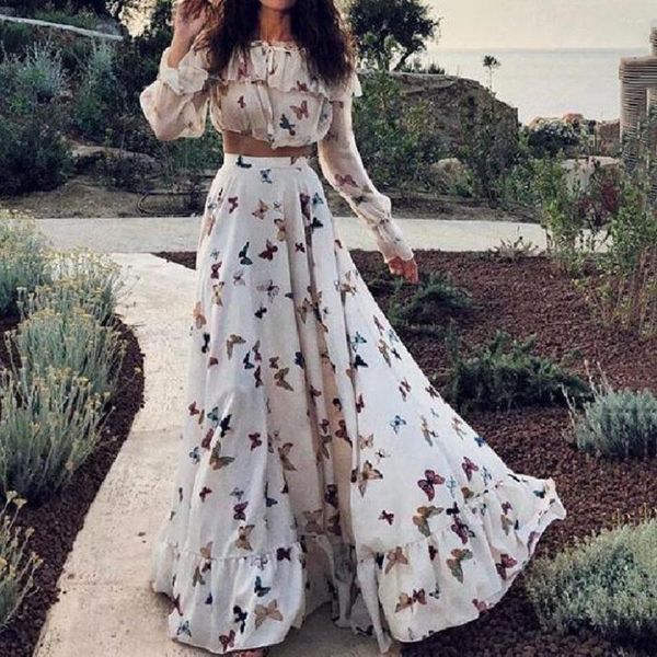 Gonne Vintage Women Beach Holiday Abito stampato a farfalla Bohemian Swing Long Maxi Abiti Abiti estivi 2022 Vestidos De Fiesta