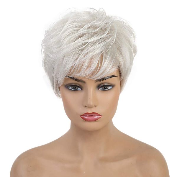 Parrucca da donna corta riccia ondulata grigio argento Parrucche piene di capelli sintetici dall'aspetto naturale