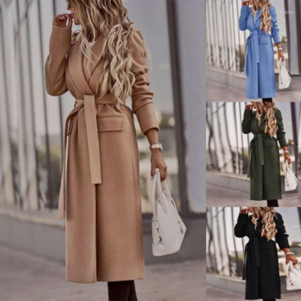 Misturas femininas de lã feminina Fall Winter Women Women Jacket Lapeel Sleeve Slave Slave Belt Office Mantenha a cintura quente Slim Casas Autumn senhoras