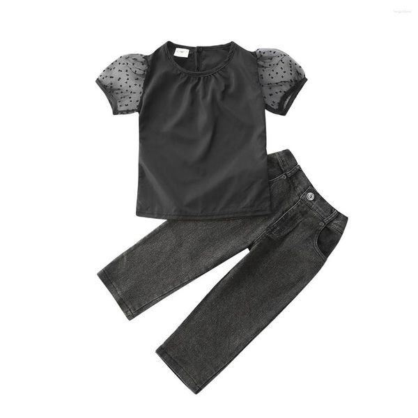 Completi di abbigliamento Completi estivi per bambina bambina T-shirt con maniche a sbuffo carina Top e pantaloni lunghi jeans Set 1-6T