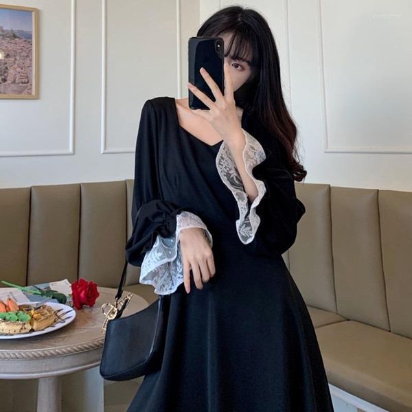 Abiti da festa Abito da sera nero 2022 Gonna da principessa con maniche a sbuffo in pizzo da donna Abito da ballo elegante di lusso Prom Corea Giappone