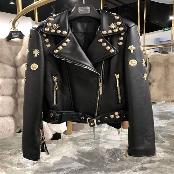 Jackets de couro falso de couro feminino S LEVLMOLY Design Autumn Sheepskin Leather Motorcycle Short 220928