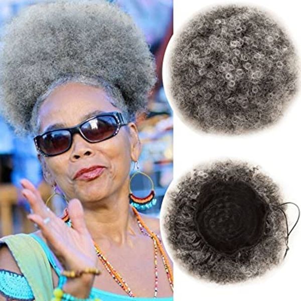 Premium Ombre Grey Curly Ponytail Dutt 120 Gramm Kurzer menschlicher Afro Puff Pferdeschwanz für natürliches Haar Clip On Kinky Kordelzug 100g