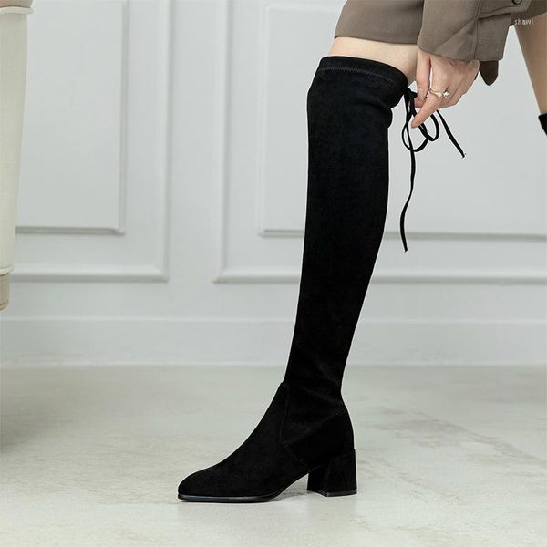 Сапоги черные сексуальные над коленом женские туфли на высоких каблуках.