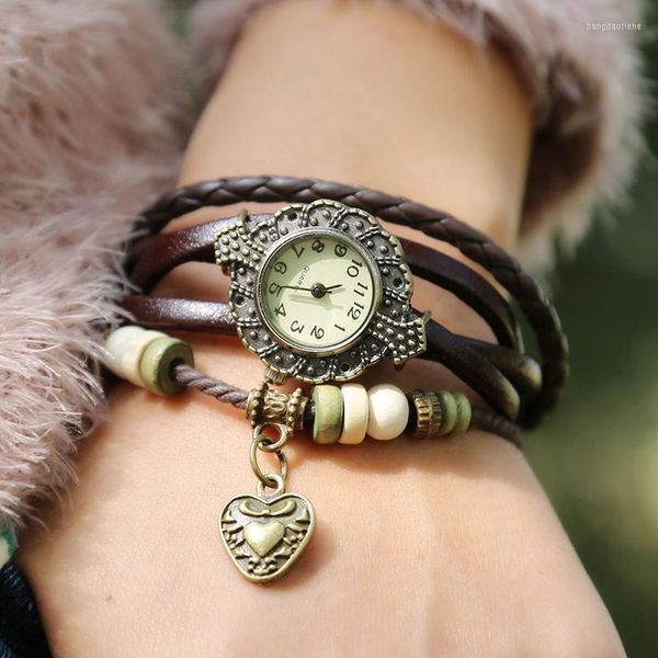 Armbanduhren Jessingshow Frauen Kinder Retro Echtes Leder Armband Herz Anhänger Uhr Quarz Armbanduhren Valentinstag Geschenk Luxus