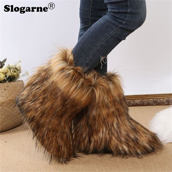 Stivali Donna Inverno Neve Outdoor Luxury Furry Pelliccia sintetica Donna Peluche Scarpe con plateau calde Moda Bottes Big Size 44 220928