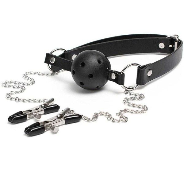 Beauty Items Mund-Ballknebel mit Clips, Nippel-Teaser-Klemmen, Lederband, atmungsaktiv, SM-Bondage, sexy Spielzeug