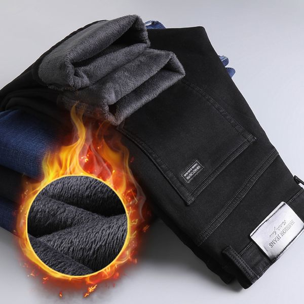 Jeans masculinos Men Jeans Jeans Black Color Slim Fit Stretch Gross Velvet Pants Warm Denim Casual Fleece Troushers Male 220929