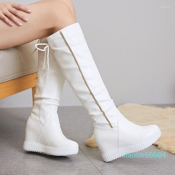 Botas pu mole de couro macio joelho alto plataforma quente e luxuosa feminina longa cunha de calcanhares mujer preto branco