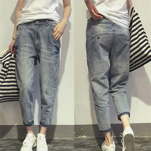 Jeans femininos 16023 primavera estilo coreano solto escritório senhoras streetwear cor sólida luz azul elástico lixívia zero denim calças 220928