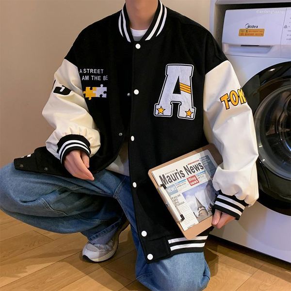 Herrenjacken Hip Hop Männer Varsity Jacke Puzzle Brief Stickerei Patchwork Retro Frühling Frau PU Leder Bomber Mantel Herrenbekleidung