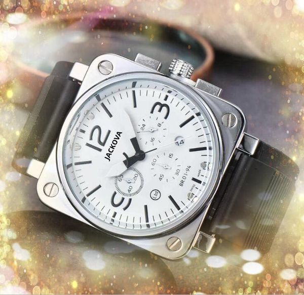 Popüler retro erkek tam fonksiyonel kronometre izle büyük kare kadran üst model kauçuk kemer kuvars otomatik hareket kristal ayna kol saati montre de lüks