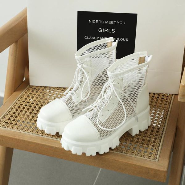 Boots Hollow Out Mesh Summer Platform tornozelo para mulheres com zíper respirável Sapatos casuais saltos baixos de saltos curtos brancos