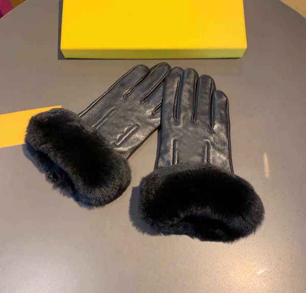 Luxus-Kaninchenhaar-Schaffell-Handschuhe mit Buchstaben bestickter Lammfell-Handschuh für Damen, Outdoor-Fahrt, warme Fäustlinge, Touchscreen-Handschuhe