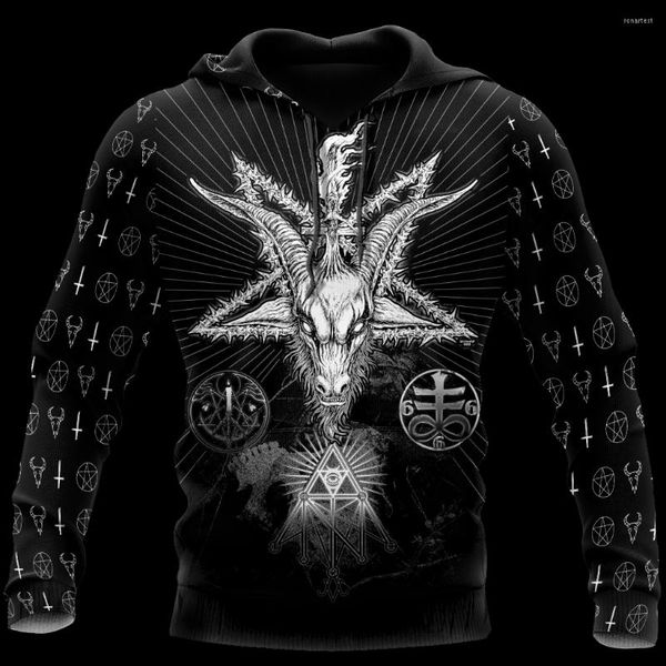 Moletons masculinos tatuagem tribal Satânica Arte 3D Capuz prensado completo para homens e mulheres Pullover de rua gótico casual Funny H612