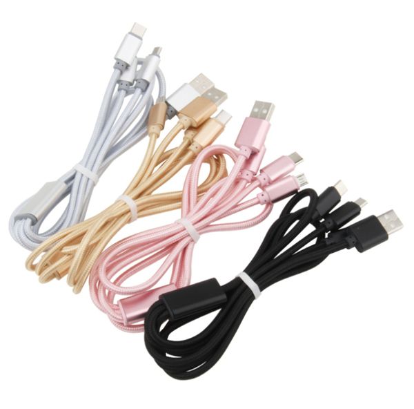 3 Arada 1 Şarj Cables Naylon Örgülü Kordon 1.2m Mikro USB Tip C Tip Şarj Kablosu Xiaomi Samsung Huawei