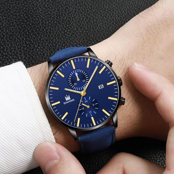 Avanadores de punho Men Black Sport Watch Staxless Steel Strap Analog Quartz Relógios Man Leather Casual Business Clock