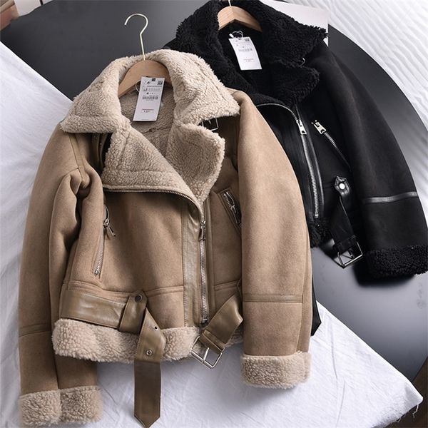 Pelle da donna Faux Ailegogo Inverno Donna Spessa calda Giacca di agnello scamosciato Corto Moto Cappotti marroni Shearling Giacche di pelle di pecora Outwear 220928