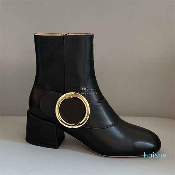 Stivaletti alla moda Designer di lusso Fibbia tacco grosso Scarpe da donna rotonde all'interno Punta con zip Suola in vera pelle Stivale romano Borsa per la polvere