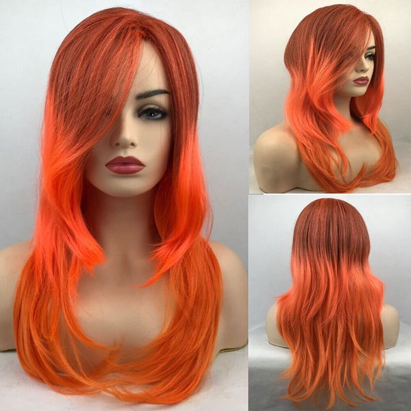 Perucas de cabelos sint￩ticos longos laranja laranja de Halloween Cosplay Wigs