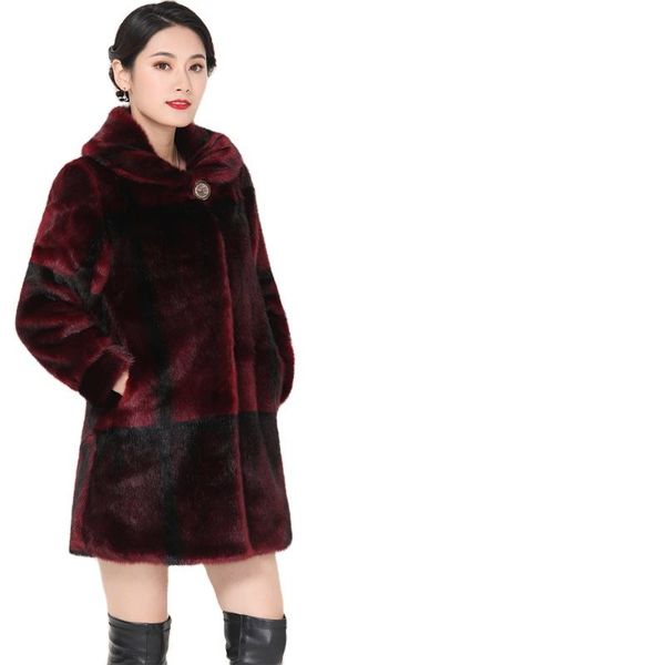 Comprimento médio vermelho café cor casaco de pele de inverno feminino manga longa europa tendência roupas elegante fofo corte de pele