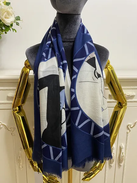 Quadratischer Schal für Damen, 100 % Kaschmir-Material, dünn und weich, blaue Farbe, Pint-Buchstabenmuster, Größe 130 cm – 130 cm
