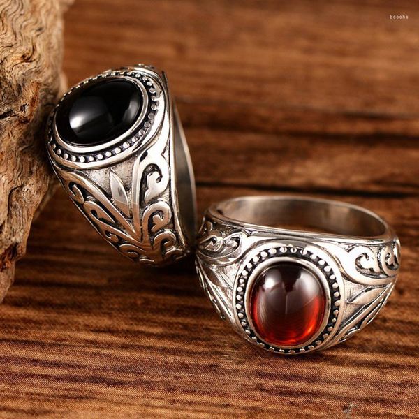 Cluster Ringe 925 Sterling Silber Farbe Schmuck Thai Black Achate Ring Roter Granat Altes Rattan Muster Herren und Damen