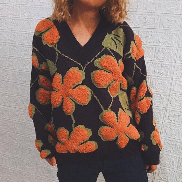 Autumn Winter Women Fashion Sweater New Sweater Chic-decote em V Longo de manga comprida Espalhar o pul￴ver quente f￪mea feminina de croch￪ floral saltador floral