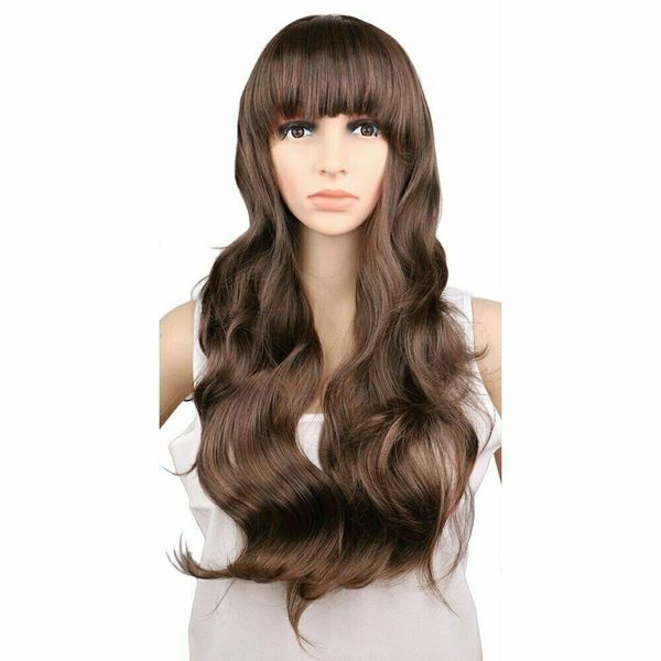 Mulheres senhoras Natral Long Wavy Wig Cosplay Black Dark Brown 70 cm Wig sint￩tico