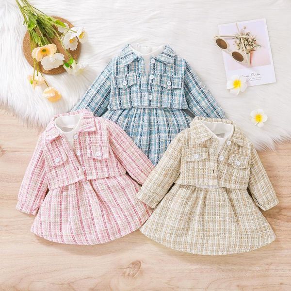 Kleidungssets 2 Stücke Baby Mädchen Party Outfit Plaid Langarm Knöpfe Outwear Patchwork Mock Neck Kleid Set für Kleinkind Mädchen 3-24 Monate