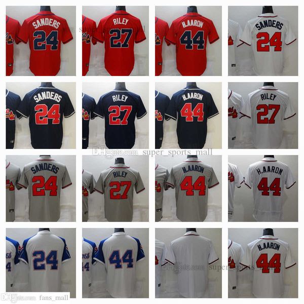 2023 Novo Homem Mulheres Juventude Jersey Boys Ed 24 Deion Sanders 27 Austin Riley 44 Hank Aaron Jerseys S-XXXL Home Away Vermelho Azul Cinza Branco