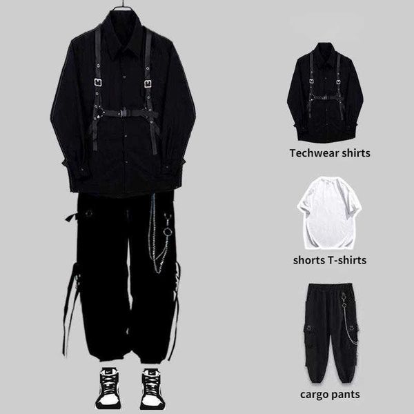 Мужские спортивные костюмы Houzhou Techwear Мужские наборы панк черные грузовые брюки мужская рубашка набор рубашек с длинным рукавом корейская уличная одежда хип -хоп хараджуку весна G220927