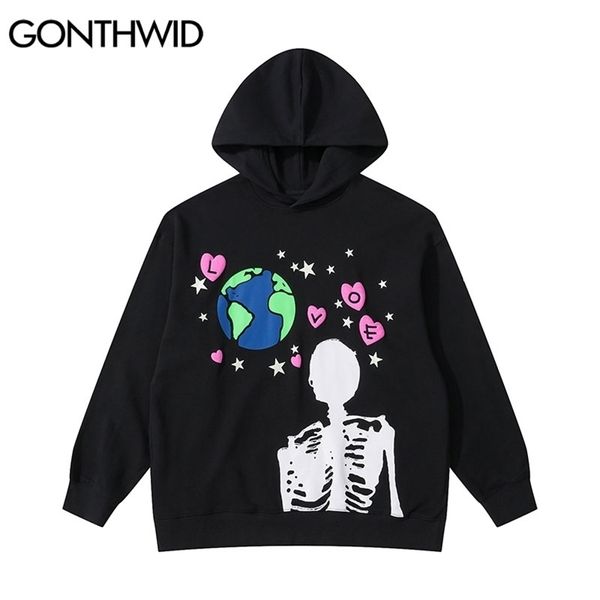 Erkek Hoodies Sweatshirts Gonthwid Hip Hop Hoodie Sweatshirt Street Giyim Dünya İskelet Baskı Punk Gotik Kapüşonlu Kış Harajuku Pamuk Külot Black 220929