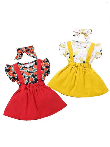 Completi di abbigliamento Gonna per bretelle a maniche corte per bambini Copricapo con fiocco Stampa ananas Stile dolce Estate 9M-3T