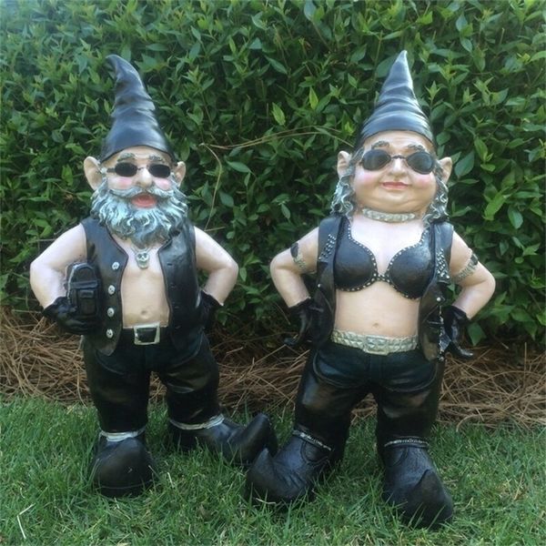 Objetos decorativos Figuras Gnomos Biker Biker Gata Motorcycle Garden Casal de estátuas de casal resina 16cm 220928