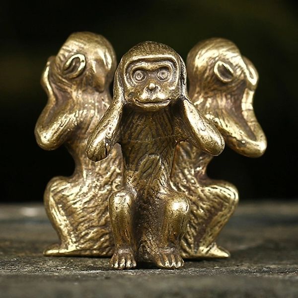 Objetos decorativos Figuras Vintage Solid Copper Three Monkeys Bronze Sculpture Decor Home Decor Bronze Monkey Figuras Miniaturas Decoração de mesa Miniaturas 220928