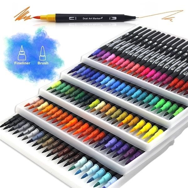 Marcadores Aquarela Art Brush Pen Dual Tip Fininer Desenho para pintura de caligrafia 72 Cores Conjunto de suprimentos 220929