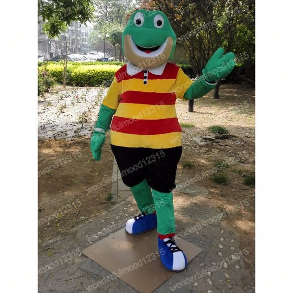 Performance Green Frog Mascot Trajes Carnaval Hallowen Gifts Unissex Tamanho da festa Fanc￡ria Fueda Roupa de desenhos animados de f￩rias